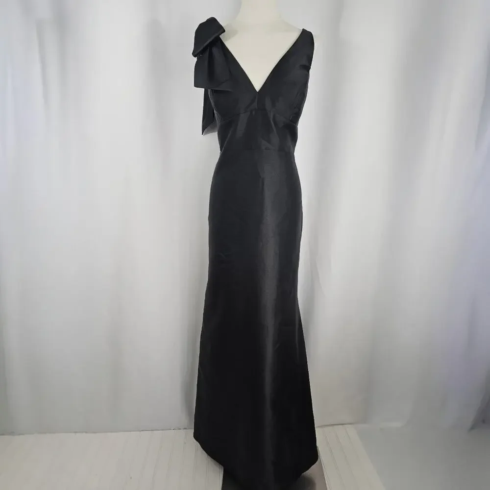 Alfred Sung Black Satin Shoulder Bow Trumpet Formal Dress Women's Size 16R NWT - Picture 2 of 16